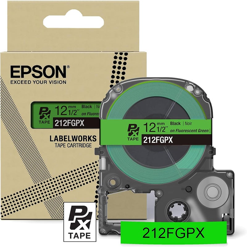 LABELWORKS Epson 212FGPX Genuine PET (Polyester) Tape Cartridge - Black on Fluorescent Green Designer Craft Label Maker Tape - 1/2" (12MM) Wide, 16' - Image 1